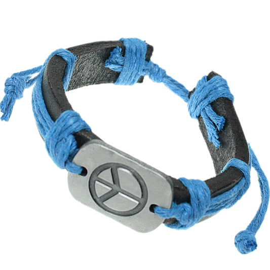 Blue Faux Leather Peace Adjustable Bracelet