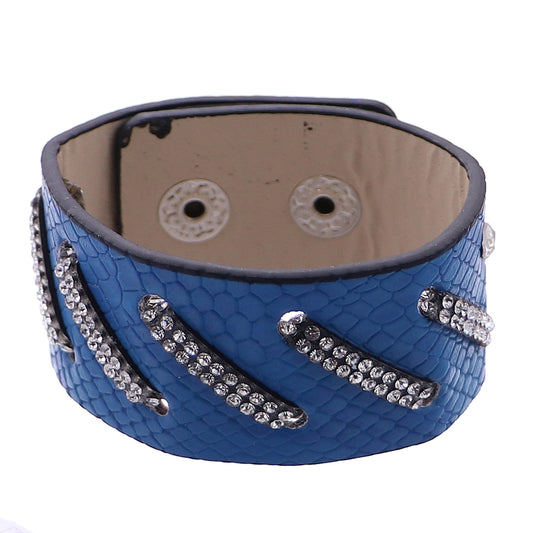 Blue Faux Leather Rhinestone Snap Bracelet