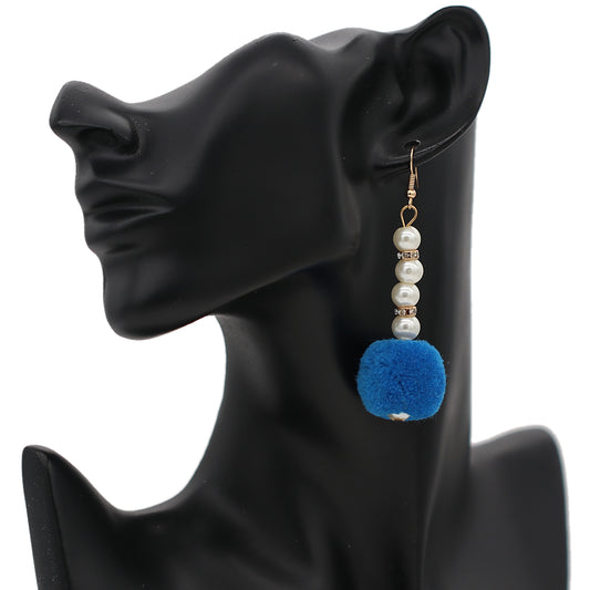Blue CZ Faux Pearl Pom Pom Earrings