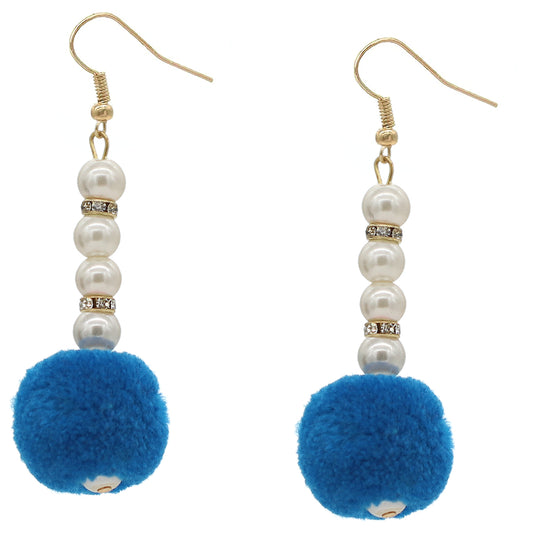 Blue CZ Faux Pearl Pom Pom Earrings