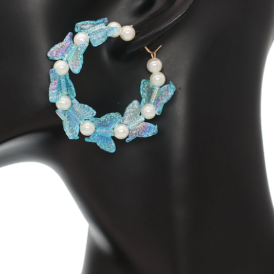 Blue Butterfly Faux Pearl Mini Hoop Earrings