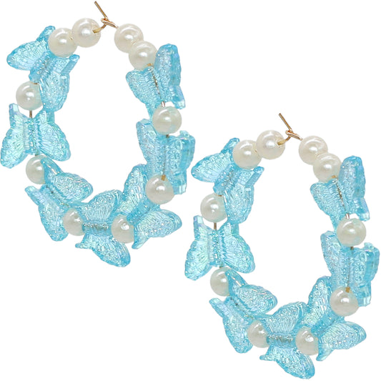 Blue Butterfly Faux Pearl Mini Hoop Earrings