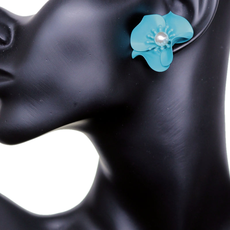 Blue Faux Pearl Flower Earrings