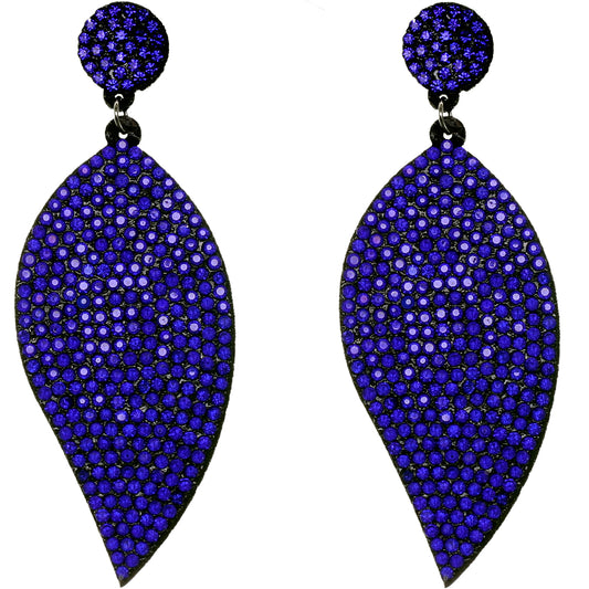 Blue Leaf Shape Pave Stone Felt Earrings
