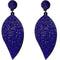 Blue Leaf Shape Pave Stone Felt Earrings