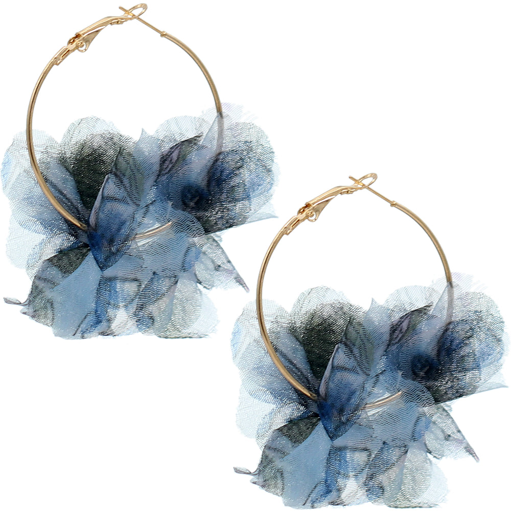 Blue Floral Tulle Mini Hoop Earrings