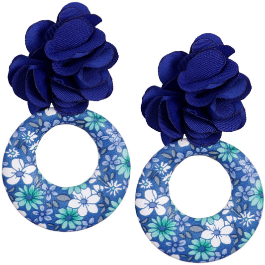 Blue Floral Fabric Drop Hoop Earrings