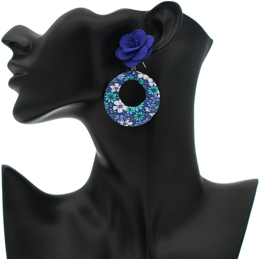 Blue Flower Open Circle Earrings