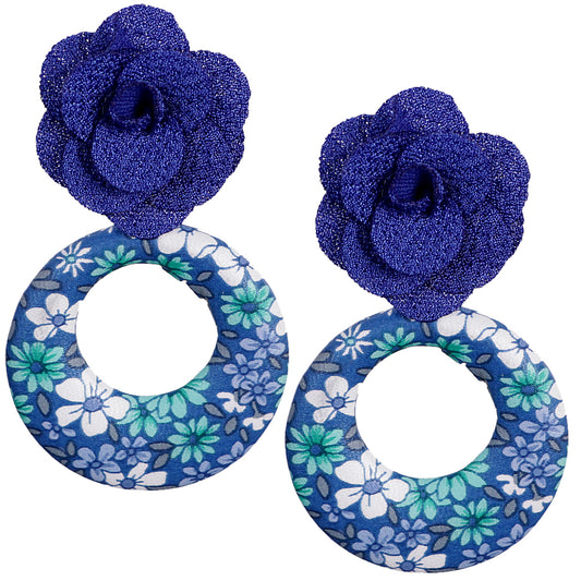 Blue Flower Open Circle Earrings