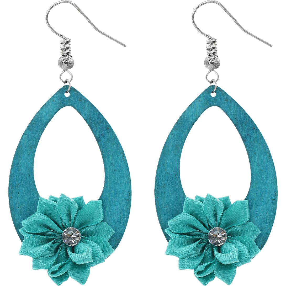 Blue Flower Wooden Teardrop Earrings