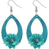 Blue Flower Wooden Teardrop Earrings