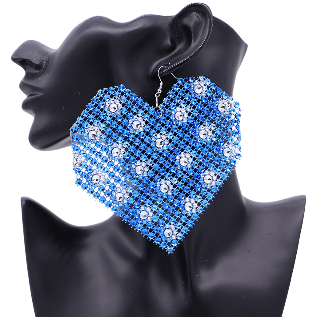 Blue Mesh Rhinestone Heart Earrings