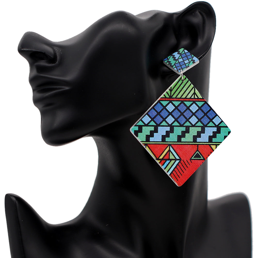 Blue Multicolor Geometric Wooden Earrings