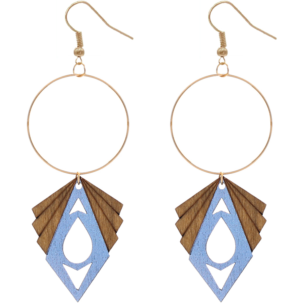 Blue Geometric Wooden Hoop Earrings