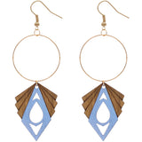 Blue Geometric Wooden Hoop Earrings