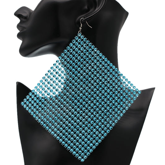 Blue Enormous Mesh Rhinestone Drop Earrings