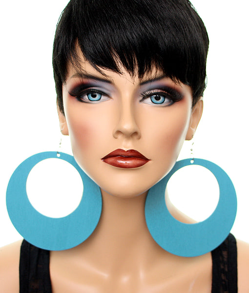 Sky Blue Gigantic Wooden Round Hoop Earrings