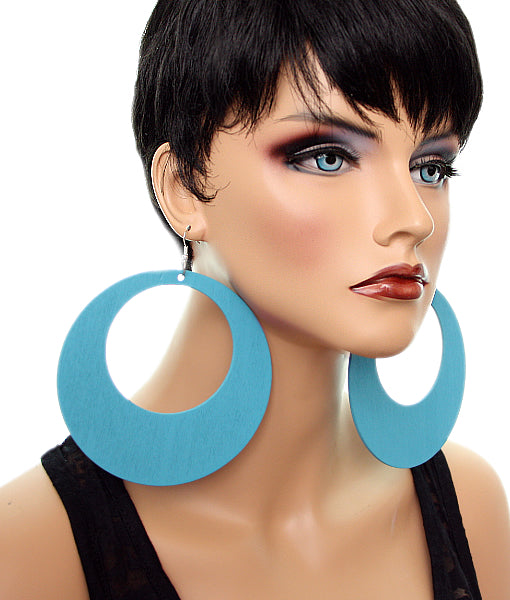 Sky Blue Gigantic Wooden Round Hoop Earrings