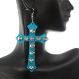 Blue Glitter Studded Cross Earrings