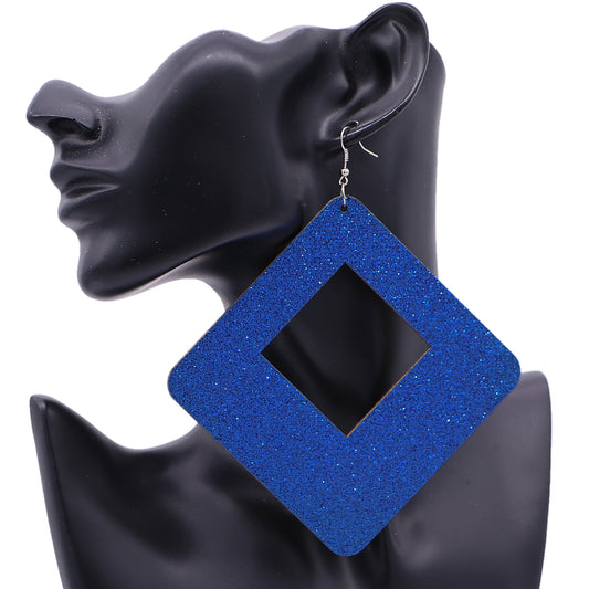 Blue Large Wooden Glitter Hollow Earrings