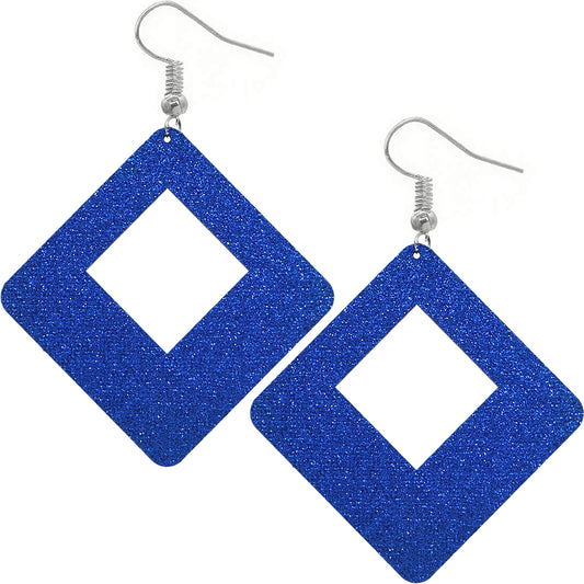 Blue Large Wooden Glitter Hollow Earrings