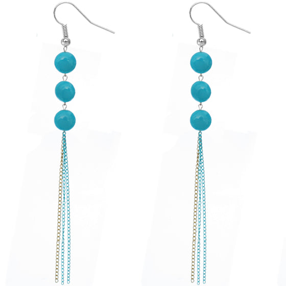 Blue Glossy Triple Beaded Chain Earrings