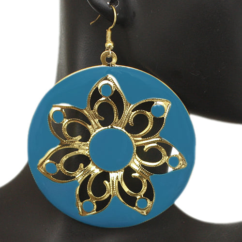 Blue Glossy Floral Dangle Earrings