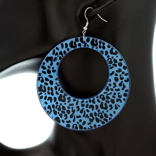 Blue Spotted Cheetah Print Round Earrings