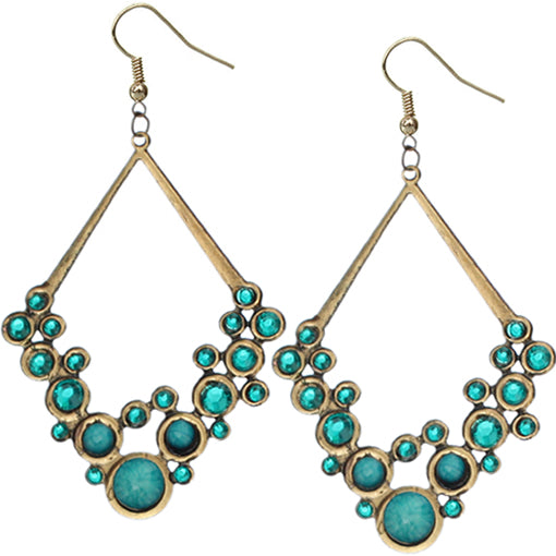 Blue Gold Beaded Open Triangle Rhinestone Earrings