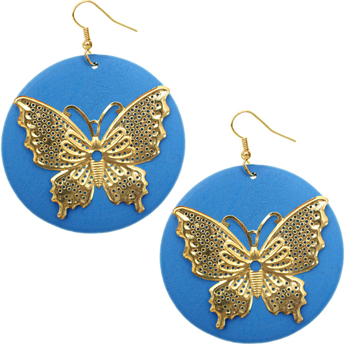 Blue Gold Wooden Butterfly Dangle Earrings