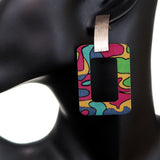 Green Pink Multicolor Art Deco Pattern Rectangle Wooden Earrings