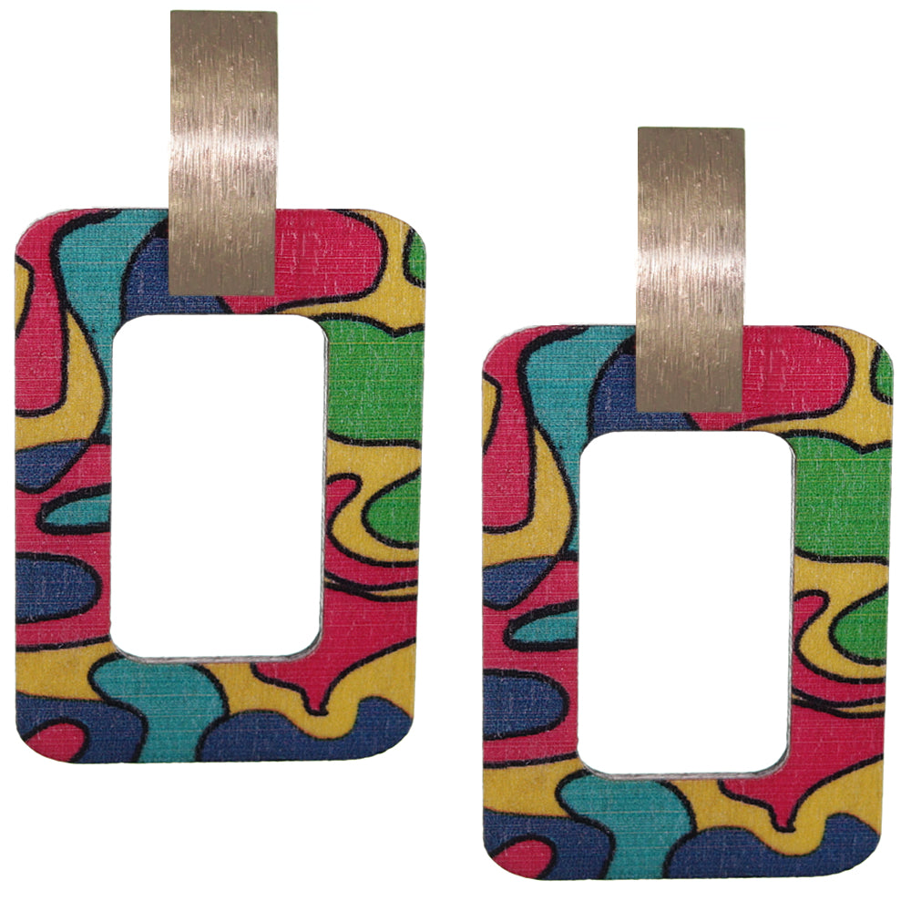 Green Pink Multicolor Art Deco Pattern Rectangle Wooden Earrings