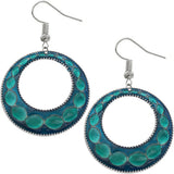 Teal Blue Glossy Open Circle Thin Metal Earrings