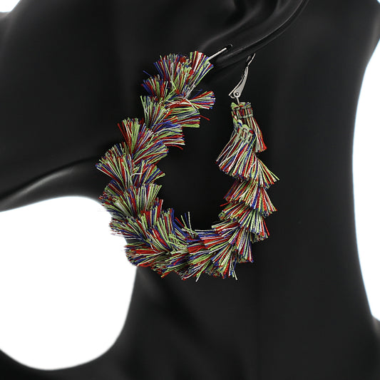 Blue Green Wrapped Tassel Teardrop Hoop Earrings