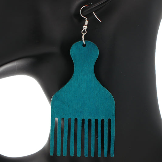 Blue Afro Pick Comb Afrocentric Wooden Earrings