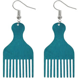 Blue Afro Pick Comb Afrocentric Wooden Earrings