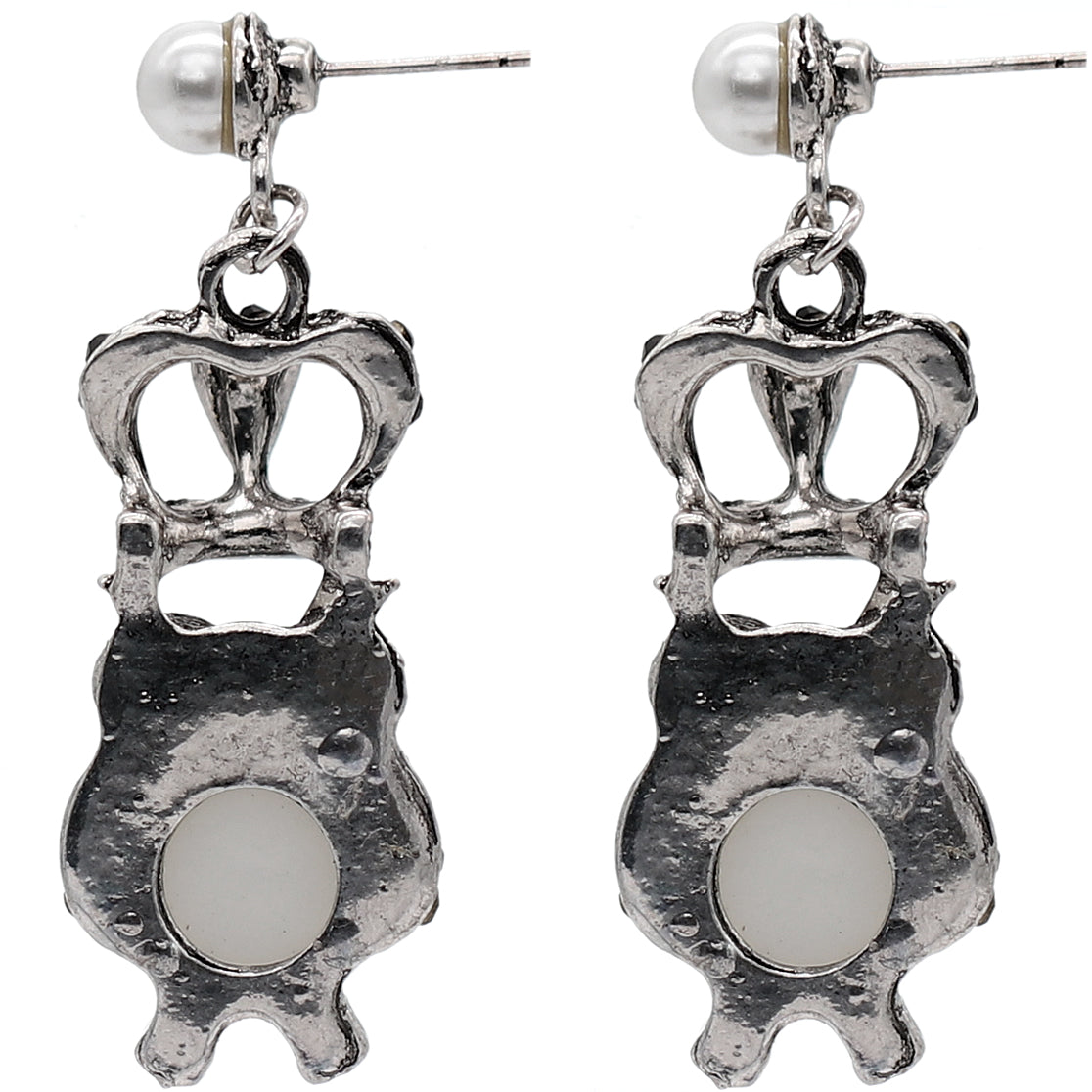 Silver Faux Pearl Owl Crown Dangle Earrings