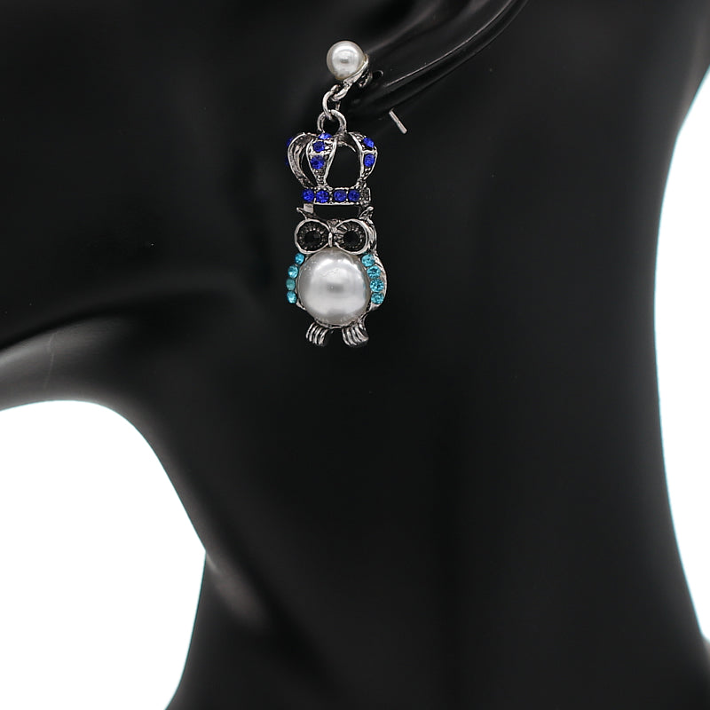 Blue Faux Pearl Owl Crown Dangle Earrings