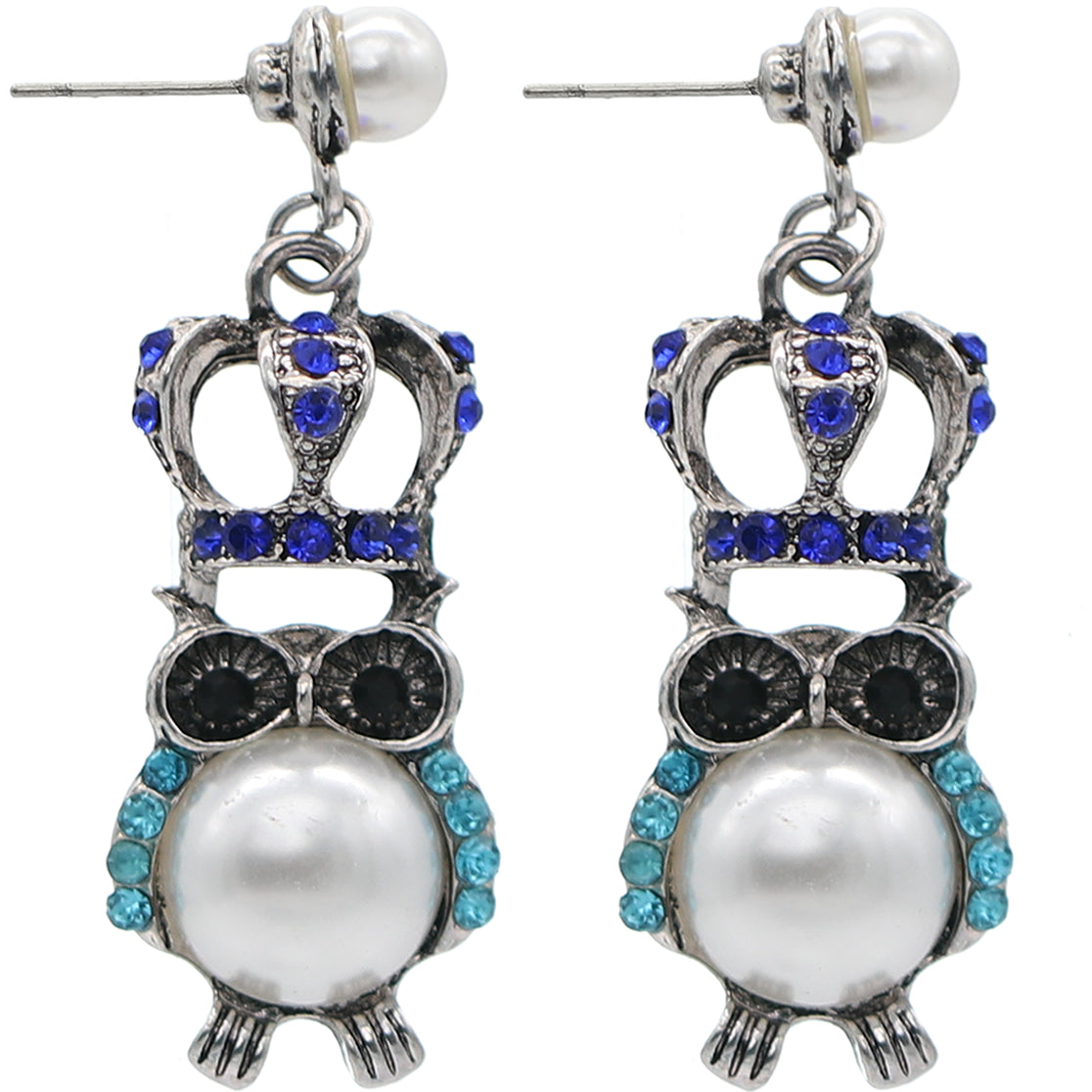 Blue Faux Pearl Owl Crown Dangle Earrings