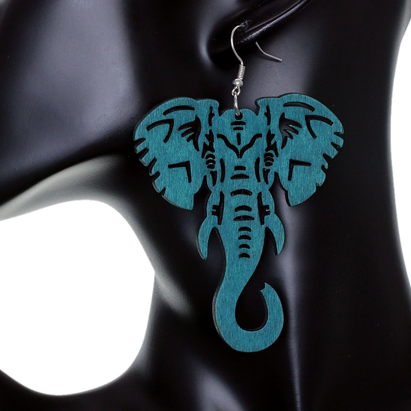 Blue Large Elephant Trunk Wooden Earrings