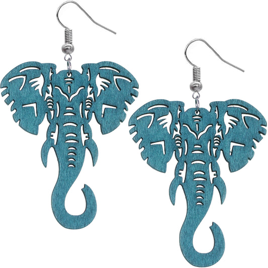 Blue Large Elephant Trunk Wooden Earrings