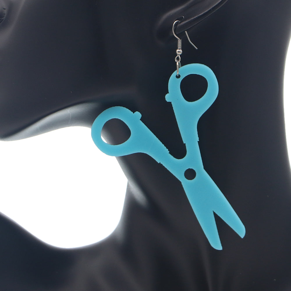 Blue Large Hairdresser Scissors Dangle Earrings