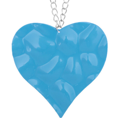 Blue Large Hammered Heart Chain Necklace