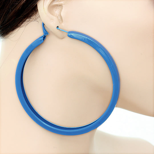Blue Large Metal Hoop Earrings
