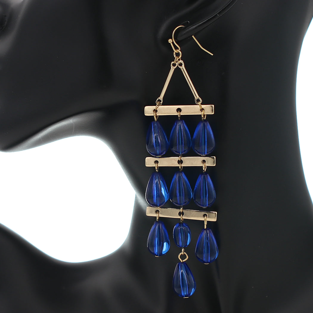 Blue 3 Tier Beaded Dangle Earrings