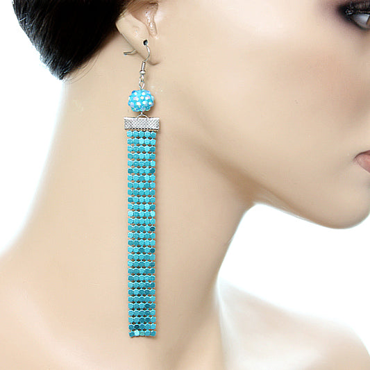 Blue Sparkle Mesh Fireball Dangle Earrings
