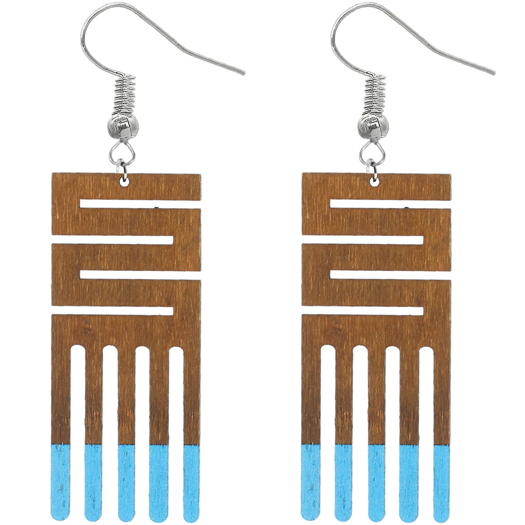 Blue Maze Geometric Wooden Earrings