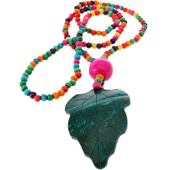 Teal Multicolor Wooden Beaded Leaf Charm Necklace