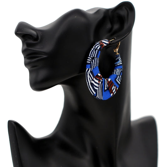 Blue Brown Fabric Wrapped Hoop Earrings
