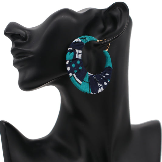 Blue Two Tone Fabric Wrapped Hoop Earrings
